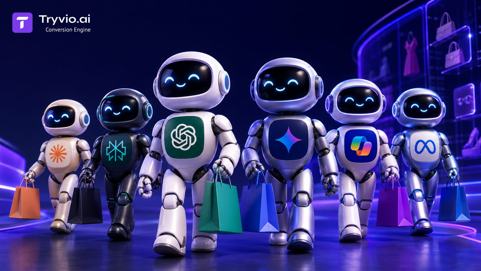 Six AI shopping agent robots with ChatGPT, Gemini, Claude, Perplexity, Microsoft Copilot and Meta AI logos carrying shopping bags.