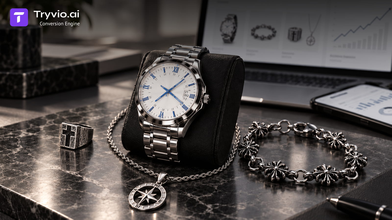 A brief collage of Icedout's top products - watch, bracelet, necklace and a ring
