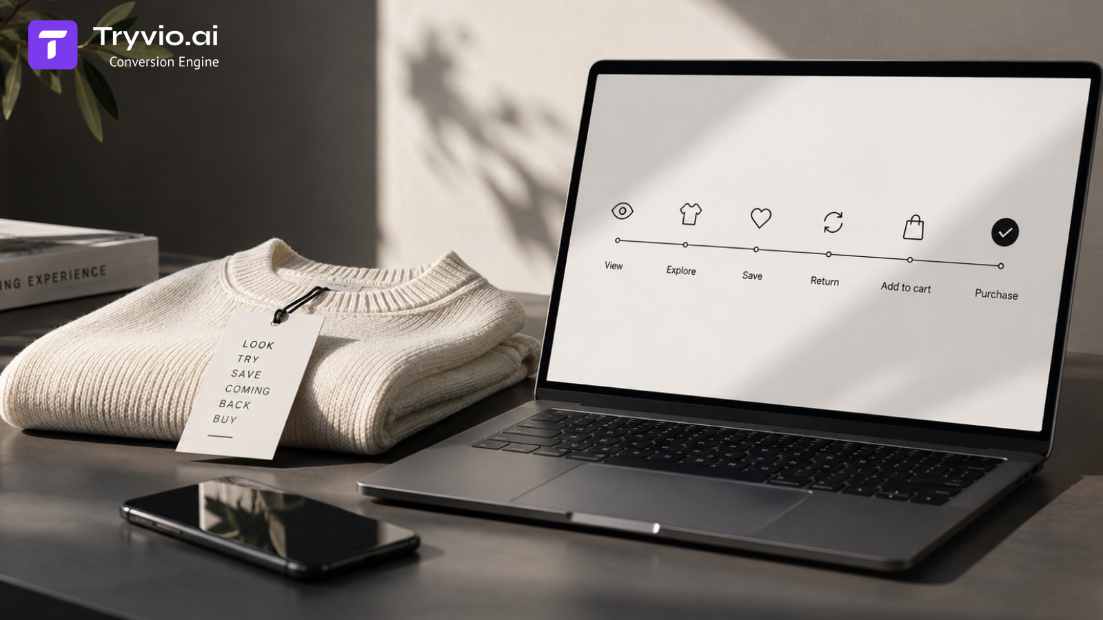Laptop and a sweater on a desk, showcasing high-intent shopping behaviour in fashion ecommerce