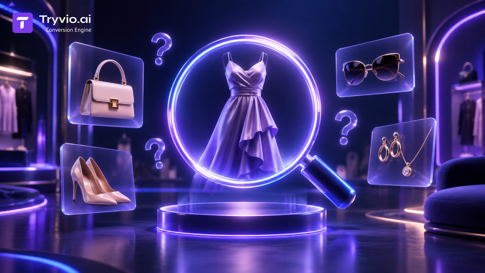 AI-powered fashion shopping concept showing a dress surrounded by accessories, shoes, jewelry and eyewear to represent shopper confidence and product evaluation in fashion ecommerce.