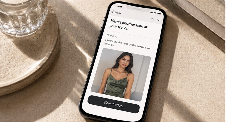 Personalisiertes Ecommerce-Follow-up: Ein Käufer erhält eine Modeempfehlung auf Basis einer früheren virtuellen Anprobe