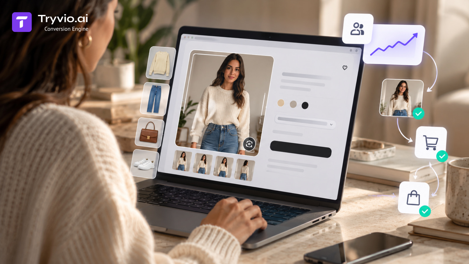 Fashion shopper using virtual try-on on a laptop with ecommerce analytics showing product engagement, cart progression and purchase activity